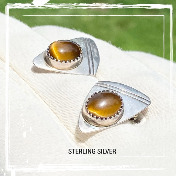 Native Jewelry - SIGNED-Herbert Cayatineto Navajo Sterling Silver Tiger’s Eye Clip On Earrings